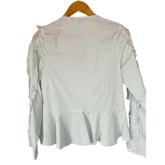 Strut & Bolt Green Stripe Ruffle V-neck Long Sleeve Shirt w/ Lace Detail - Picture 2 of 5